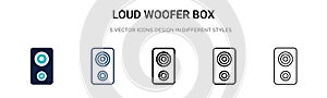 Loud woofer box icon in filled, thin line, outline and stroke style. Vector illustration of two colored and black loud woofer box