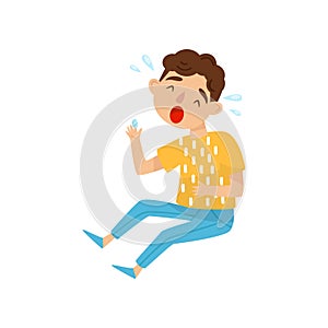 Loudly crying boy with bandage on his injured finger. Little kid suffering from pain. Flat vector design