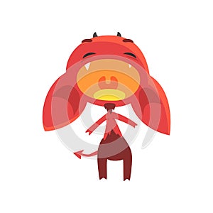 Loudly crying little devil stands isolated on white background. Red fictional demon with horns, big ears and tail