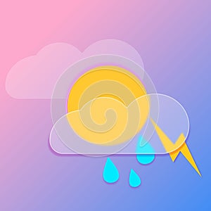 Ð¡louds with rain and un icon iolated on pink background. Rain cloud precipitation with rain drop