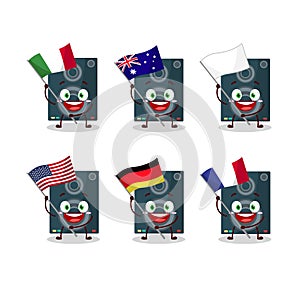 Loudspeaker cartoon character bring the flags of various countries