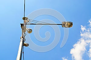 Loudspeaker and CCTV camera on lamp post