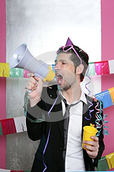 Loudspeaker crazy party man shouting happy photo