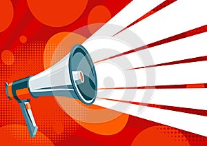 Loudspeaker megaphone with abstract clorful geometric background. Vector vintage poster with retro symbol speaker