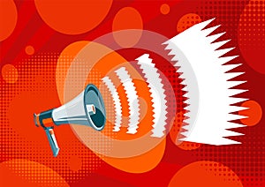 Loudspeaker megaphone with abstract clorful geometric background. Vector vintage poster with retro symbol speaker