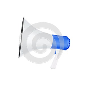 loudspeaker or megaphone horn white and blue megafon is a simulated notification speaker icon. 3D illustration rendering -