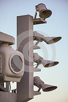 Loudspeakers on a wall of a military ship