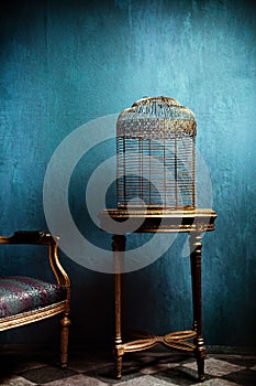 Louis table and old golden bird cage