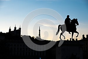 Louis XIV horse leaving on Fourviere cathedral in Lyon, France, artistic illustration photo