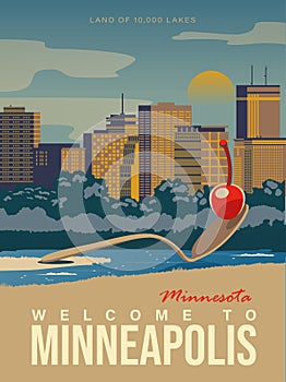 Minnesota tourist vector poster with landscapes, sightseeing in flat vintage style. Welcome to Minneapolis photo