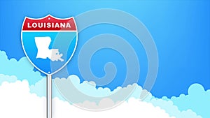 Louisiana map on road sign. Welcome to State of Louisiana. Motion graphics.