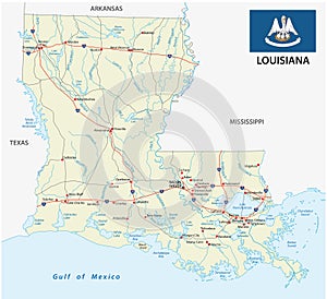 Louisiana road map with flag