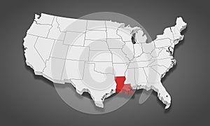 Louisiana State Highlighted on the United States of America 3D map. 3D Illustration