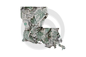 Louisiana State Map Outline with Crumpled Dollars, Government Waste of Money Concept