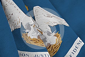 Louisiana US state flag with big folds waving close up under the studio light indoors. The official symbols and colors