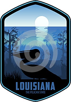 Louisiana vector label with brown pelican and swamp wetland sea coast