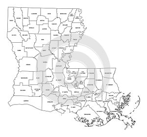 State of Louisiana, subdivided into 64 parishes, outline map