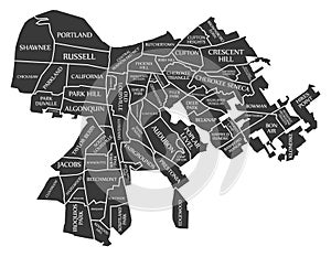 Louisville Kentucky city map USA labelled black illustration