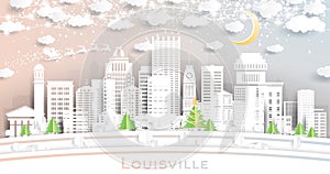 Louisville Kentucky USA City Skyline in Paper Cut Style with Snowflakes  Moon and Neon Garland