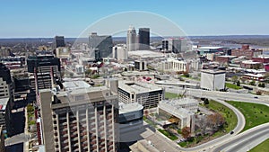 Louisville, Kentucky USA. Drone Aerial View of Downtown Buildings and Traffic