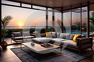 Lounge area outdoor gazebo sofa against the backdrop of ocean beach