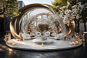 Lounge area at an outdoor wedding banquet decorated with white flowers and candle