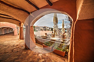 Lounge bar seen from arches in Porto Cervo