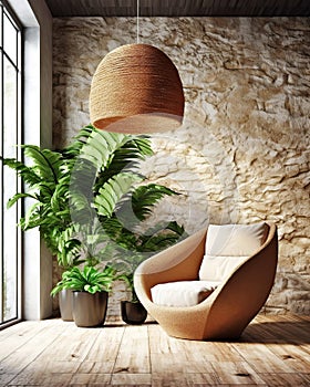 Lounge chair against floor to ceiling window near potted houseplants and wild stone cladding wall. Rustic home interior design of