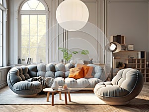 Lounge chair near grey tufted corner sofa in classic room. Scandinavian home interior design of modern living room. Created with