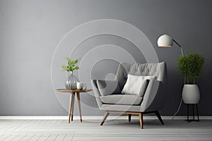Lounge chair near grey tufted corner sofa in classic room. Scandinavian home interior design of modern living room