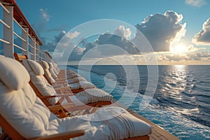 Lounge chairs arranged on boat deck