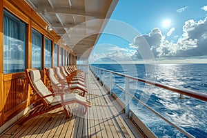 Lounge chairs arranged on boat deck