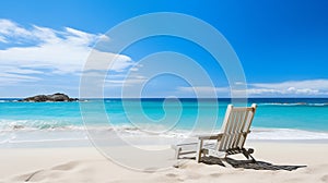 Lounge chairs beside the clear blue ocean under a clear coastal sky.AI Generated