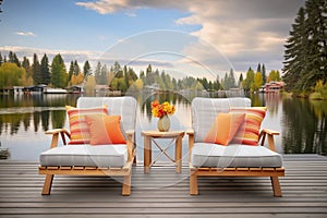 lounge chairs on a dock with a lake cabin backdrop