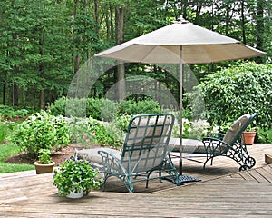 Lounge chairs under patio umbrella