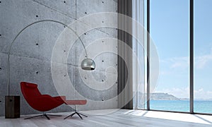 The lounge and living room interior design and concrete wall pattern background and sea view
