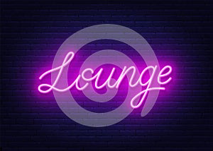 Lounge neon sign on brick wall background.