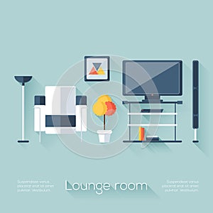 Lounge or Sitting Room Cover with TV, Console, Sofa, Loudspeaker and Lamp. Flat Style with Long Shadows. Modern Trendy Design.