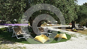 Lounging chairs under an old olive tree, Greece islands