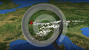 Loupe finds Geneve city on the map, 3d rendering