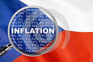 Loupe focused on the word inflation on Czech Republic flag background. Inflation, tax, financial concept in Czech Republic