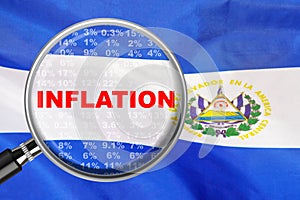 Loupe focused on the word inflation on El Salvador flag background. Inflation, tax, financial concept in El Salvador