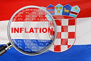 Loupe focused on the word inflation on flag of Croatia background. Inflation, tax, financial concept in Republic of Croatia