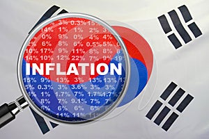 Loupe focused on the word inflation on South Korea flag background. Inflation, tax, financial concept in South Korea