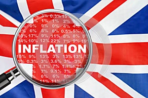 Loupe focused on the word inflation on UK flag background. Inflation, tax, financial concept in Britannia