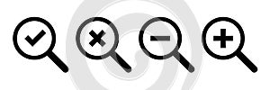 Loupe icons. Vector isolated symbols. Checkmark cross minus plus icons. Magnifying glass icon vector. Magnifying glass symbol.