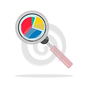 Loupe, magnifying glass, through the magnifying glass you can see a round, segment graph. Vecton illustration