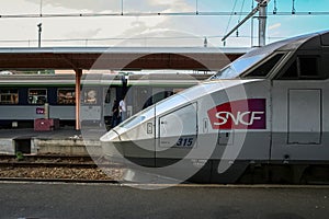 LOURDES, FRANCE - AUGUST 22, 2006: French High Speed train TGV Atlantique ready for departure on Lourdes station platform.