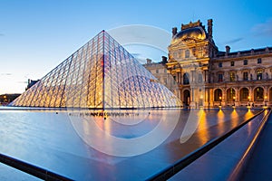 Louvre Museum at night landmark in Paris city, France