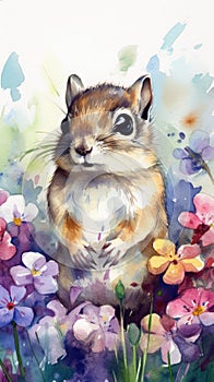 Lovable Baby Chipmunk in a Colorful Flower Field for Art Prints and Greetings.